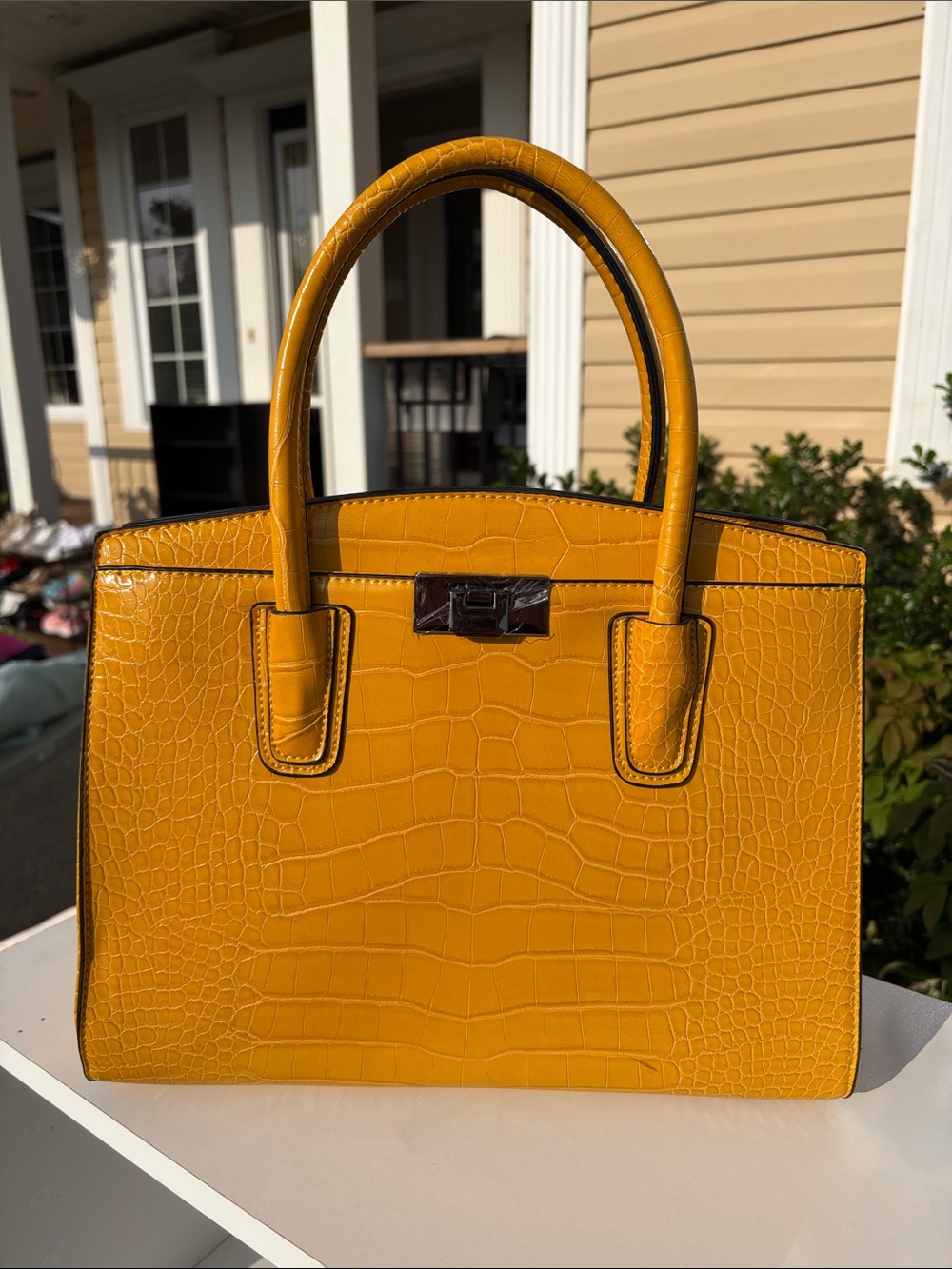 cleo Croc-Embossed Mustard Yellow Satchel